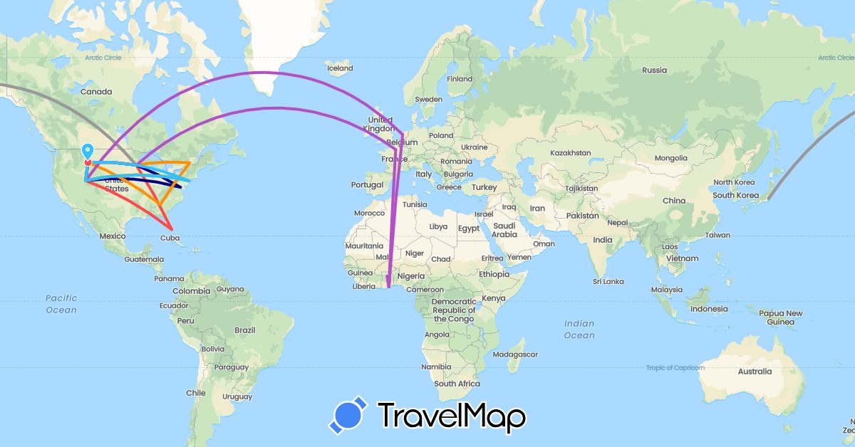 TravelMap itinerary: driving, plane, train, hiking, boat, hitchhiking, electric vehicle in Canada, France, Ghana, Japan, Netherlands, United States (Africa, Asia, Europe, North America)